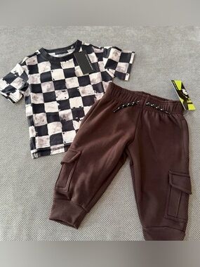 Little Bipsy Checkered Tee + Cargo Joggers Outfit 12-18M 2T Boys Streetwear